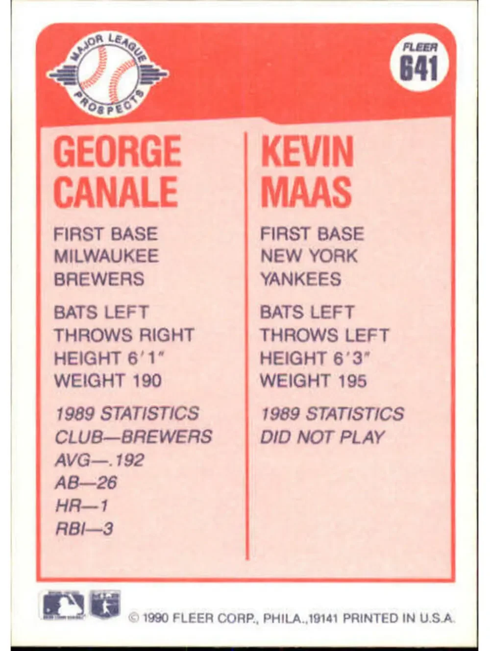 1990 George Canale / Kevin Maas Fleer Baseball Card #641